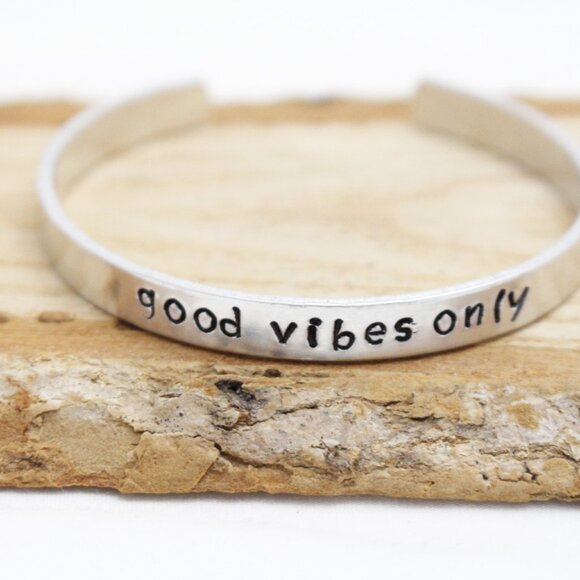 Good Vibes Only - Hand Stamped Anodized Aluminum Bangle - Adjustable - Picture 7 of 11